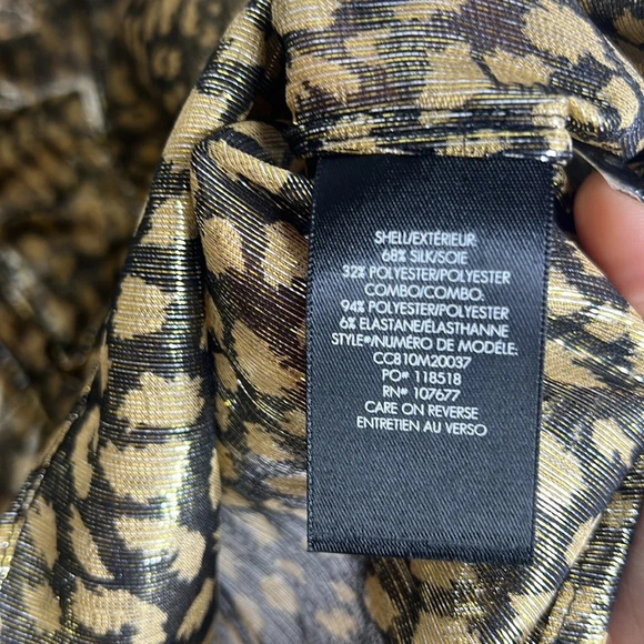 ALICE + OLIVIA Elliot Silk Gold Metallic Animal Print Ruffle Button Down Blouse - Picture 11 of 14